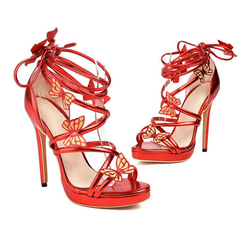 Women's Lace Up Butterfly Heeled Sandals | Oighrig_3