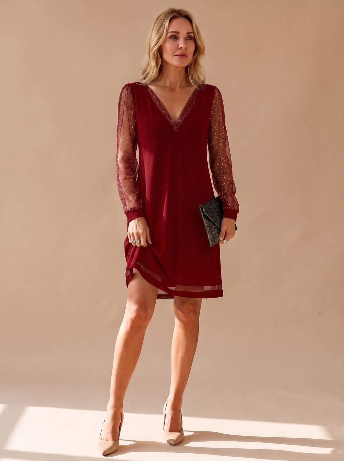 Women's Glitter Mesh Sleeve Christmas Party Mini Dress | Carys_2