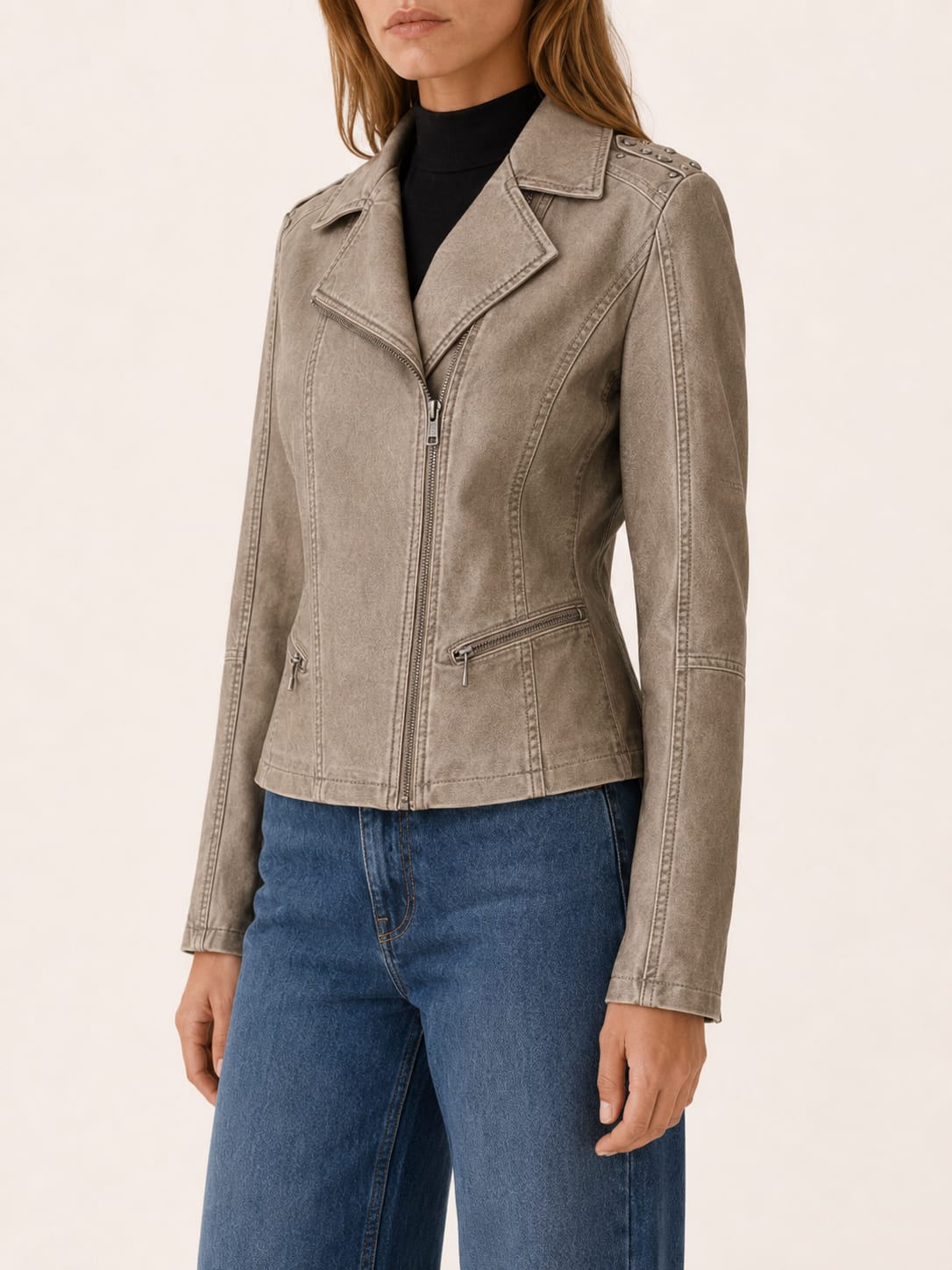 Women's Studded Moto Biker Jacket with Zip Front | Olivia Grace_4