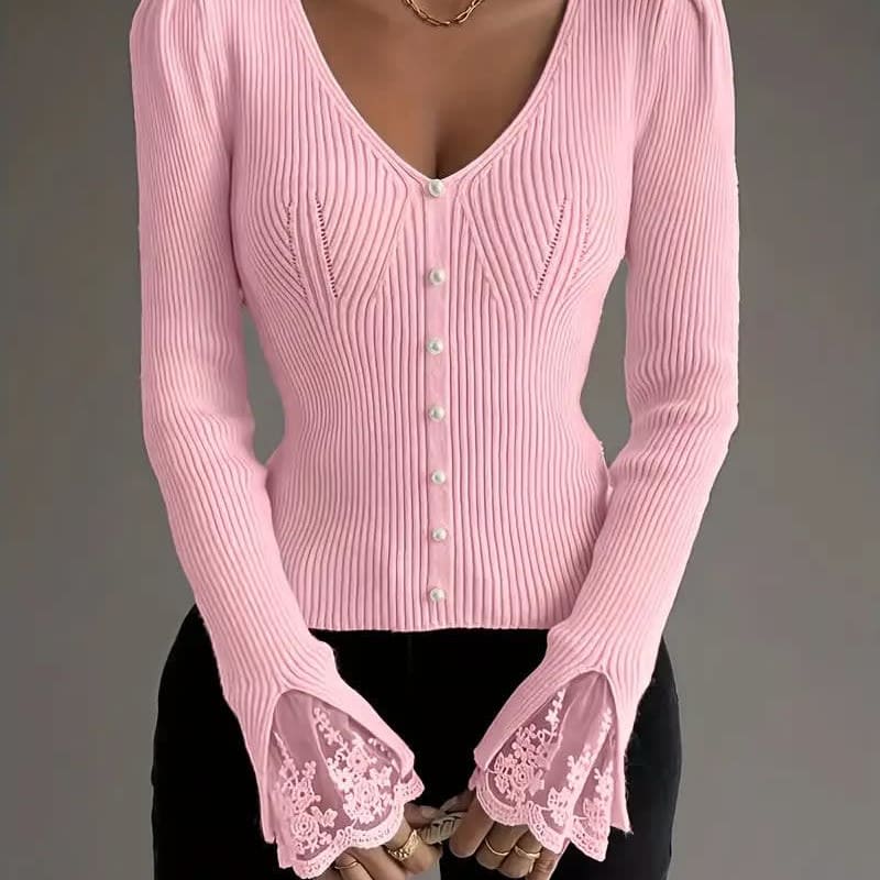 Women's Ribbed Button Front Knit Top | Gladys_1