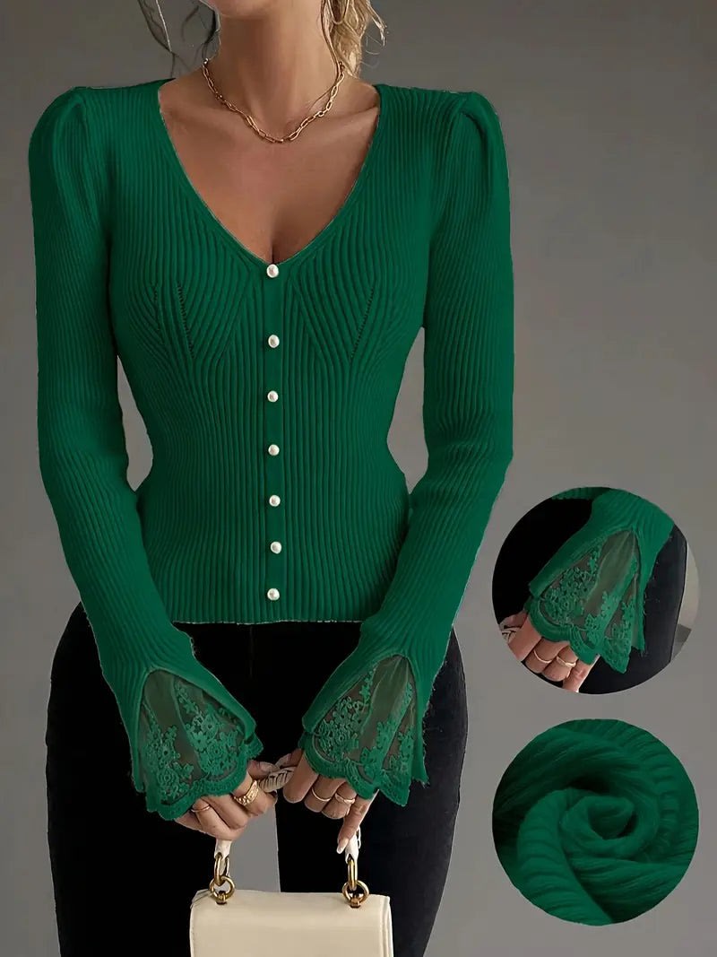 Women's Ribbed Button Front Knit Top | Gladys_11