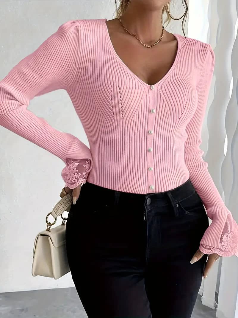 Women's Ribbed Button Front Knit Top | Gladys_5