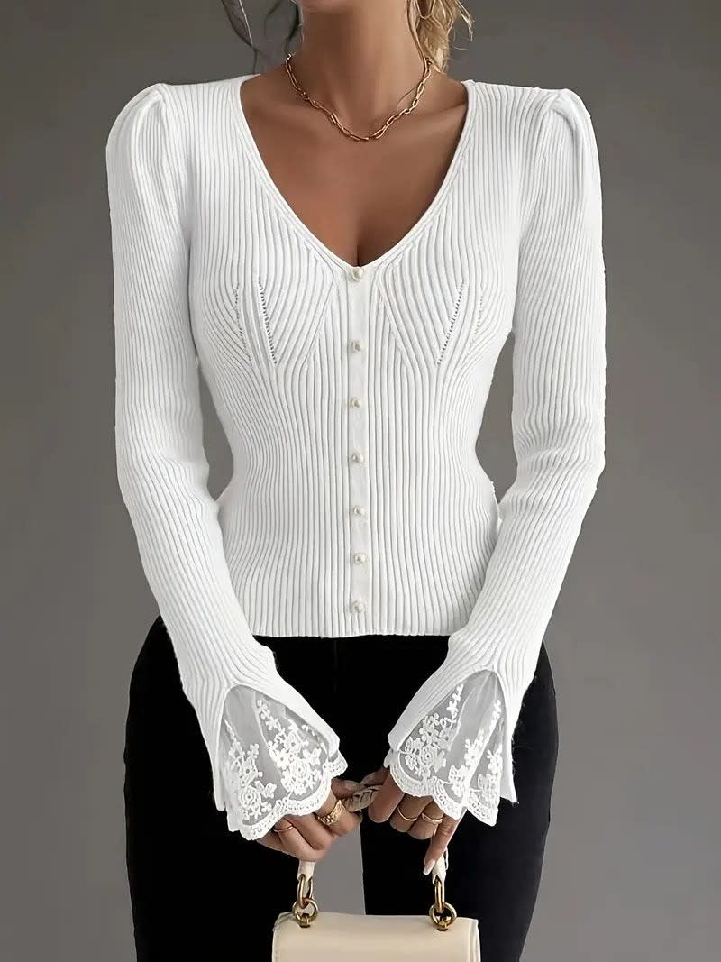 Women's Ribbed Button Front Knit Top | Gladys_6