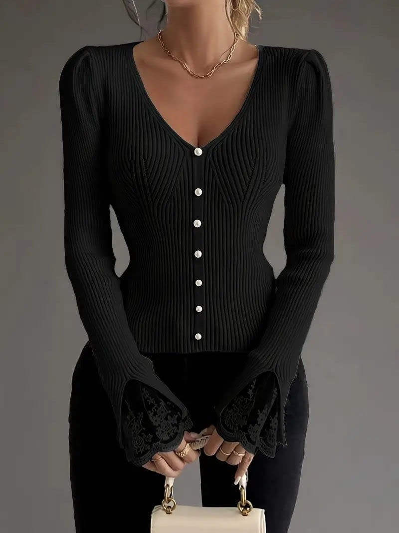 Women's Ribbed Button Front Knit Top | Gladys_7