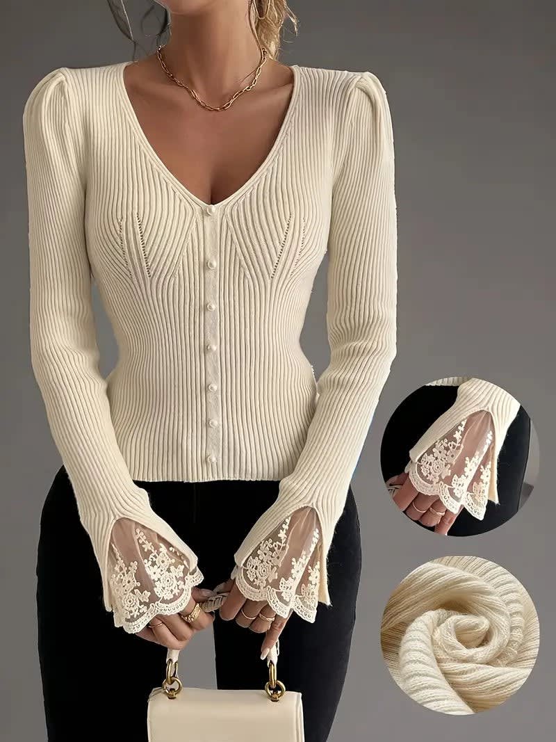 Women's Ribbed Button Front Knit Top | Gladys_8