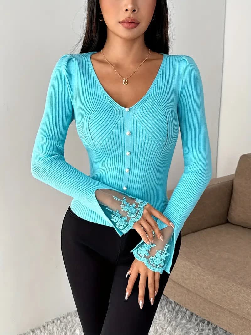 Women's Ribbed Button Front Knit Top | Gladys_9