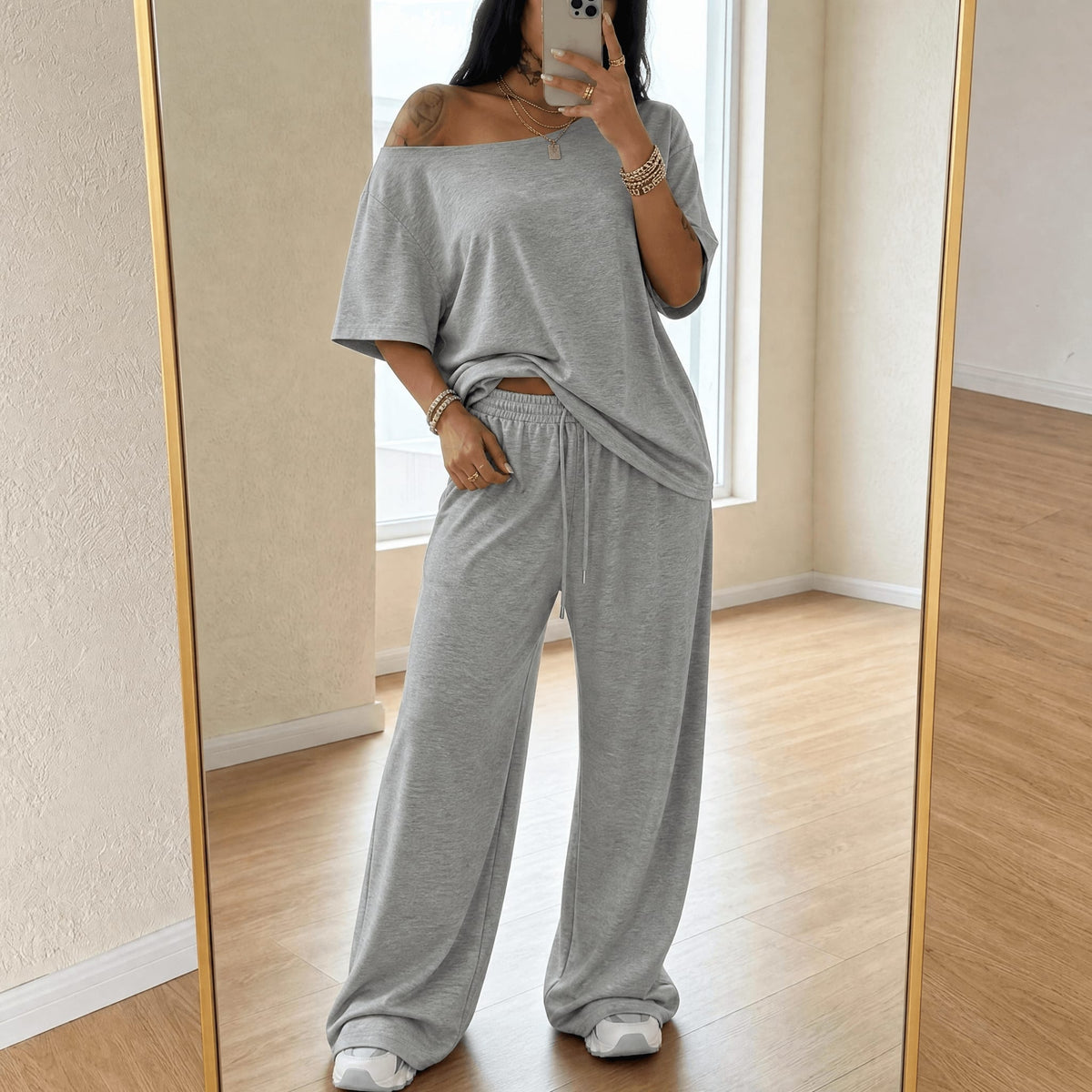 Women's Off-Shoulder Wide Leg Lounge Set | Lynne_11
