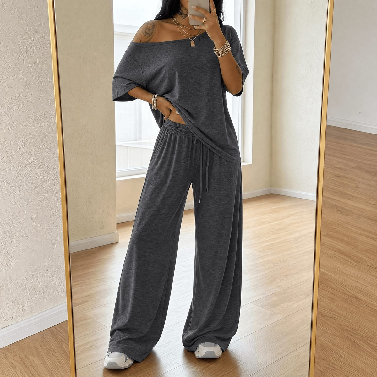 Women's Off-Shoulder Wide Leg Lounge Set | Lynne_12