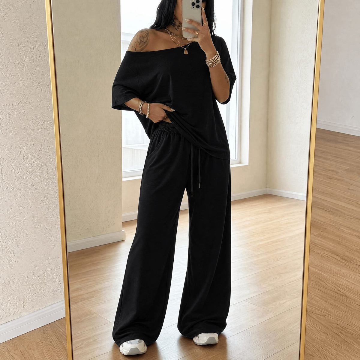 Women's Off-Shoulder Wide Leg Lounge Set | Lynne_14