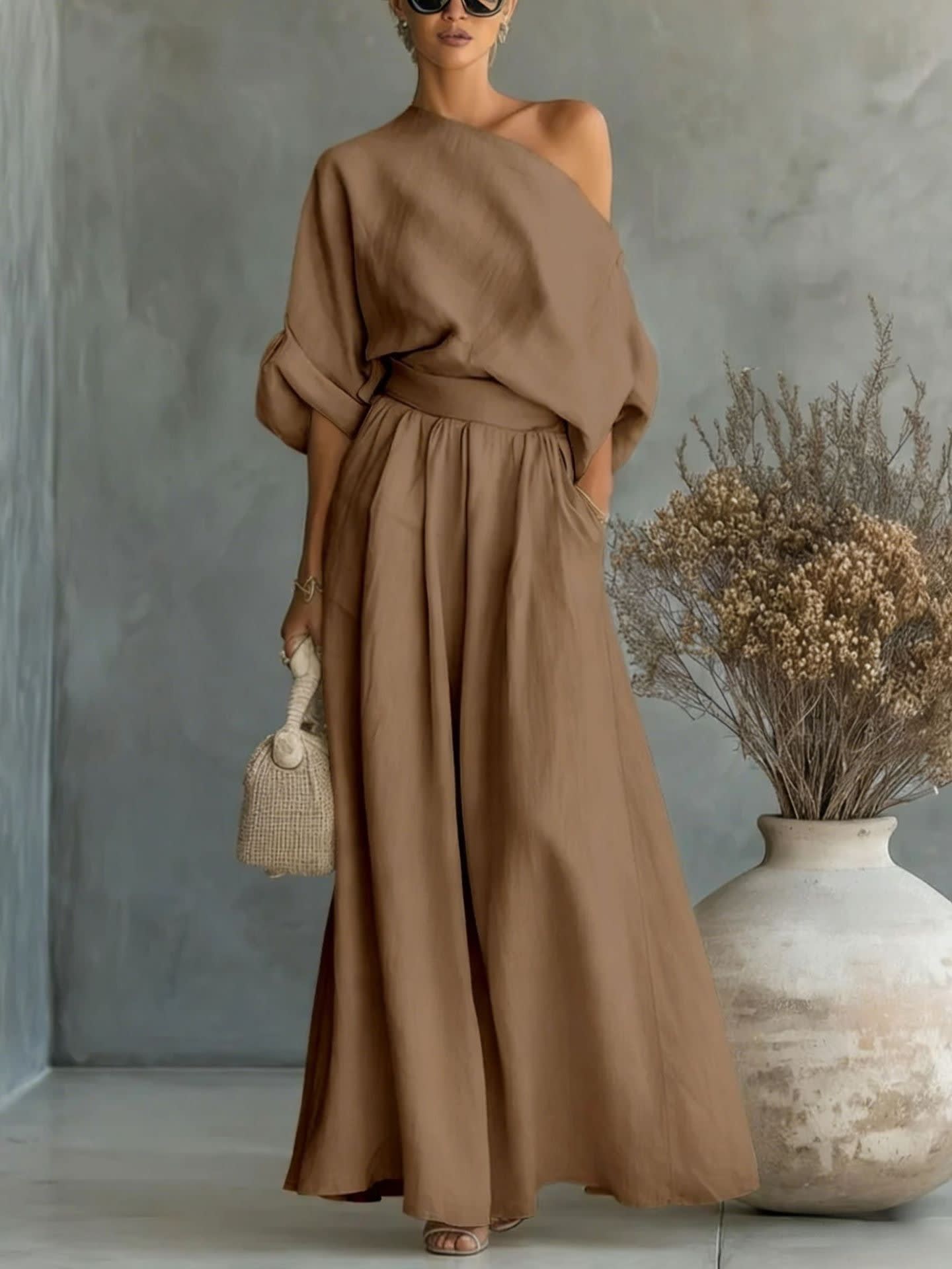 Women's Linen One Shoulder Two-Piece Set | Jennet_10
