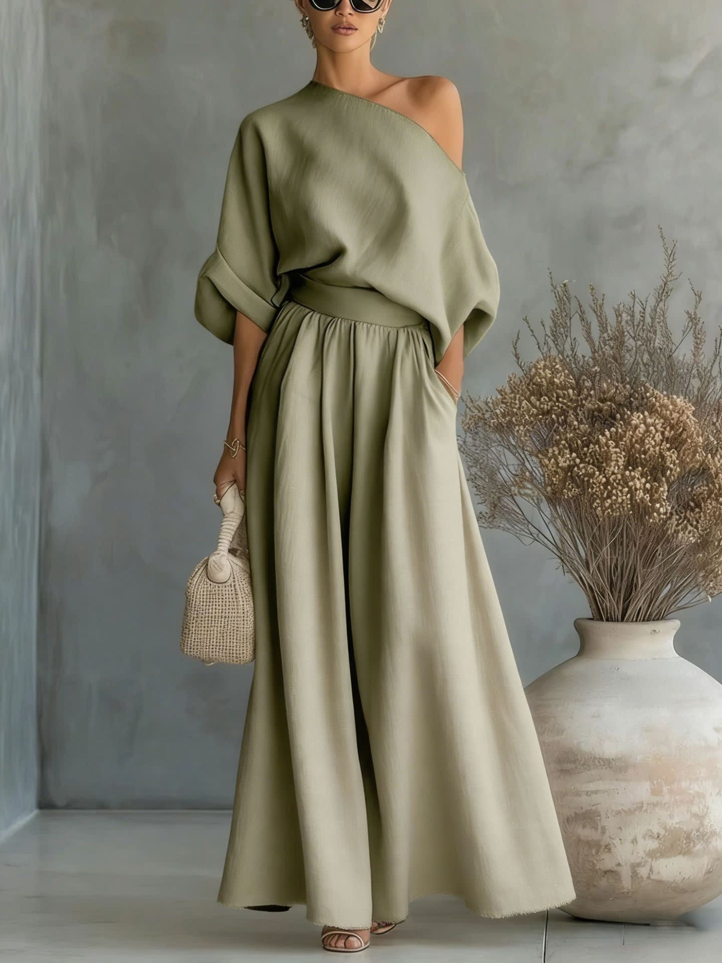 Women's Linen One Shoulder Two-Piece Set | Jennet_12