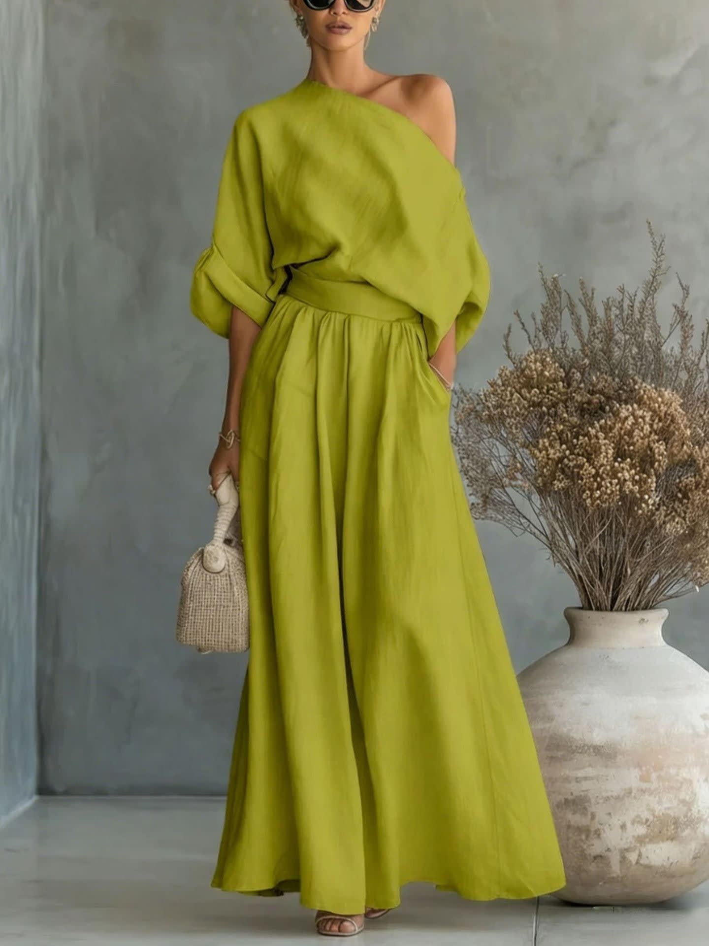 Women's Linen One Shoulder Two-Piece Set | Jennet_13