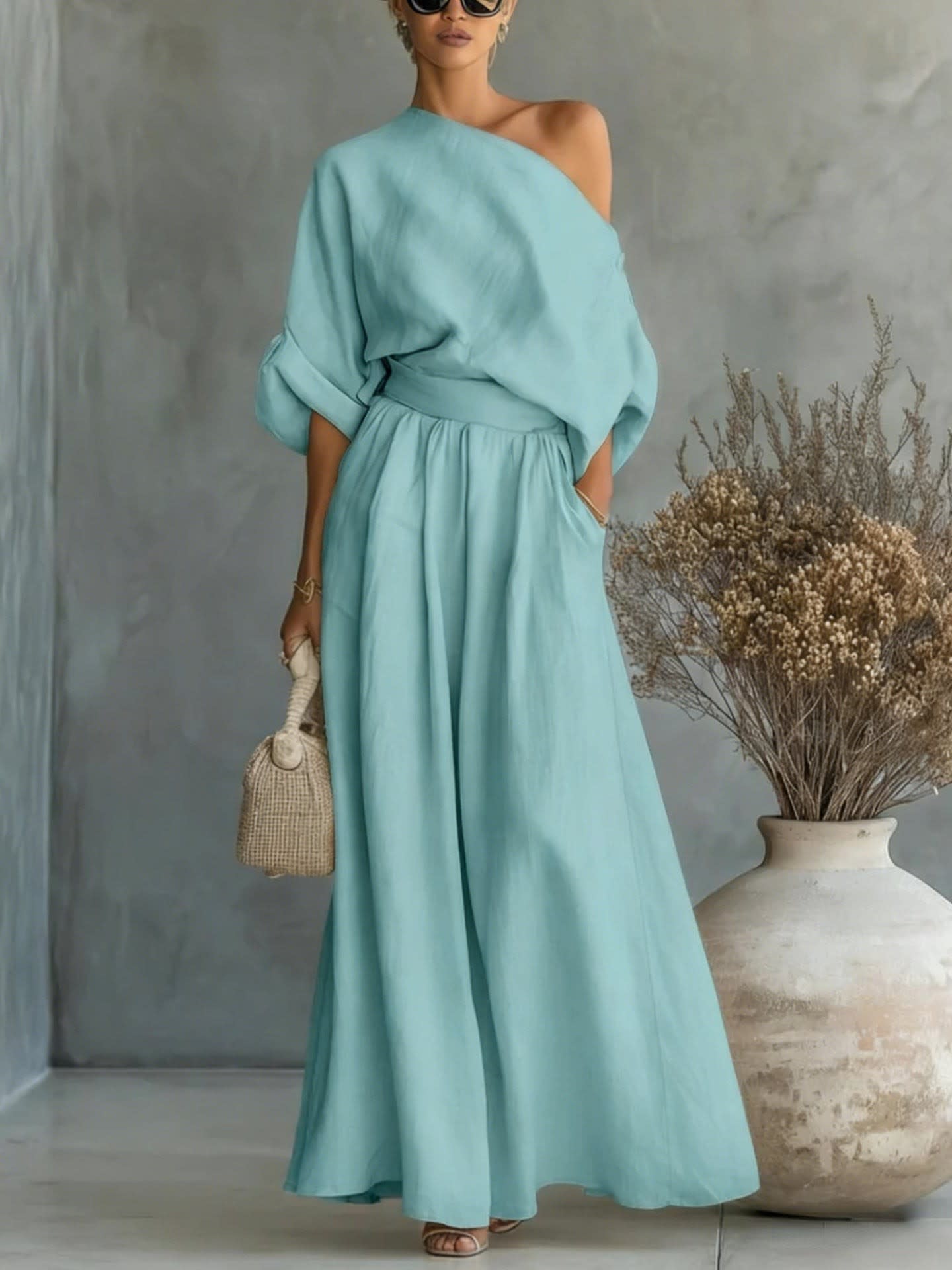 Women's Linen One Shoulder Two-Piece Set | Jennet_14
