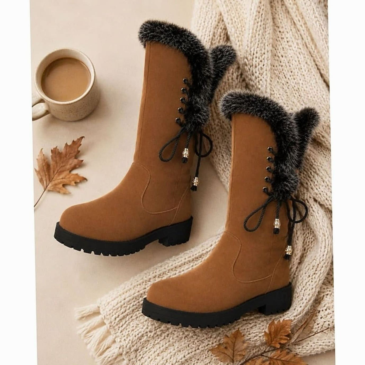 Women's Fur Trim Lace-Back Winter Snow Boots | Nina_15