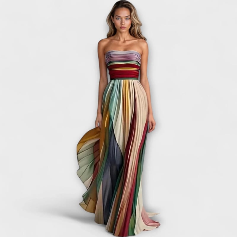 Women's Strapless Rainbow Pleated Wedding Guest Maxi Dress | Hazel Brooks_1