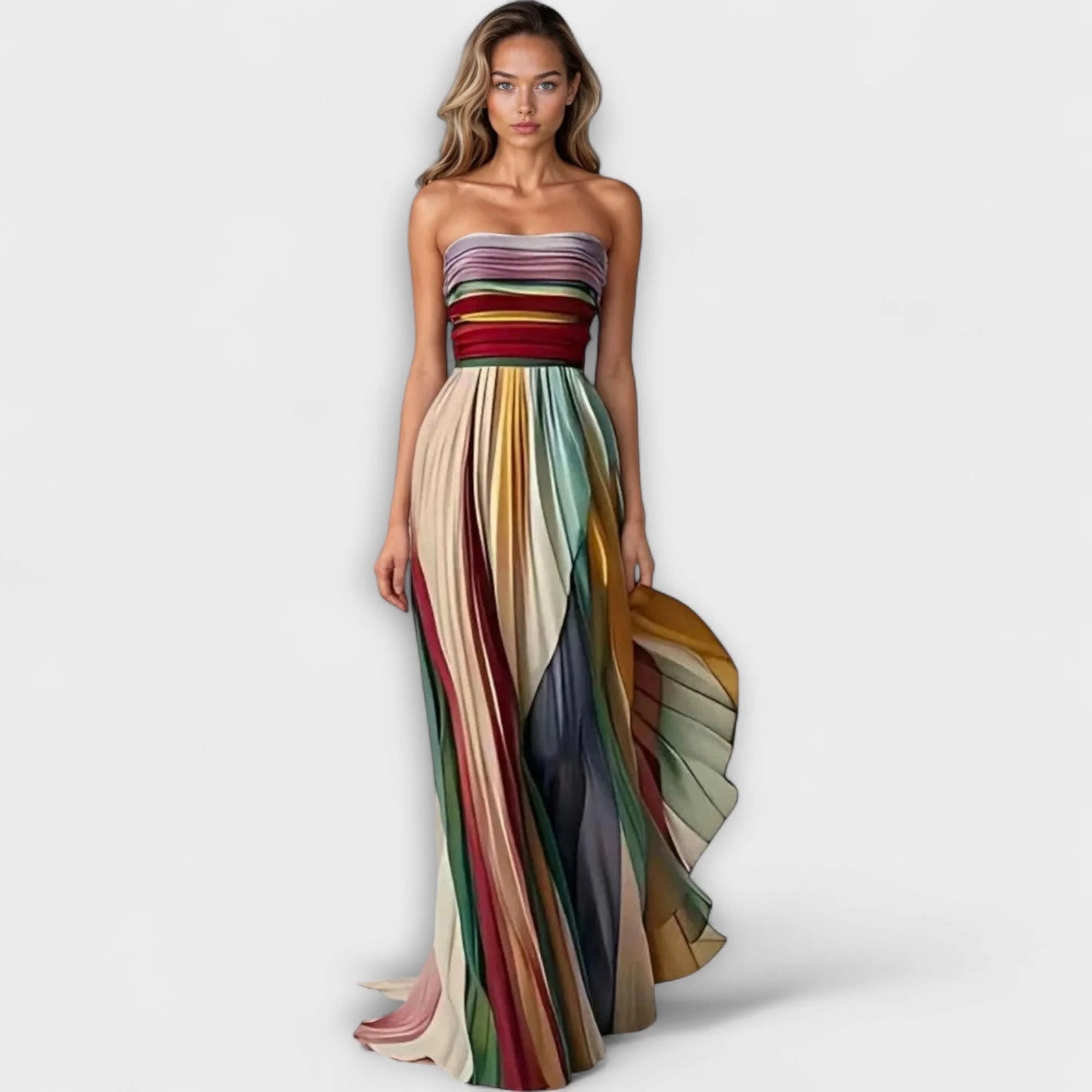 Women's Strapless Rainbow Pleated Wedding Guest Maxi Dress | Hazel Brooks_5