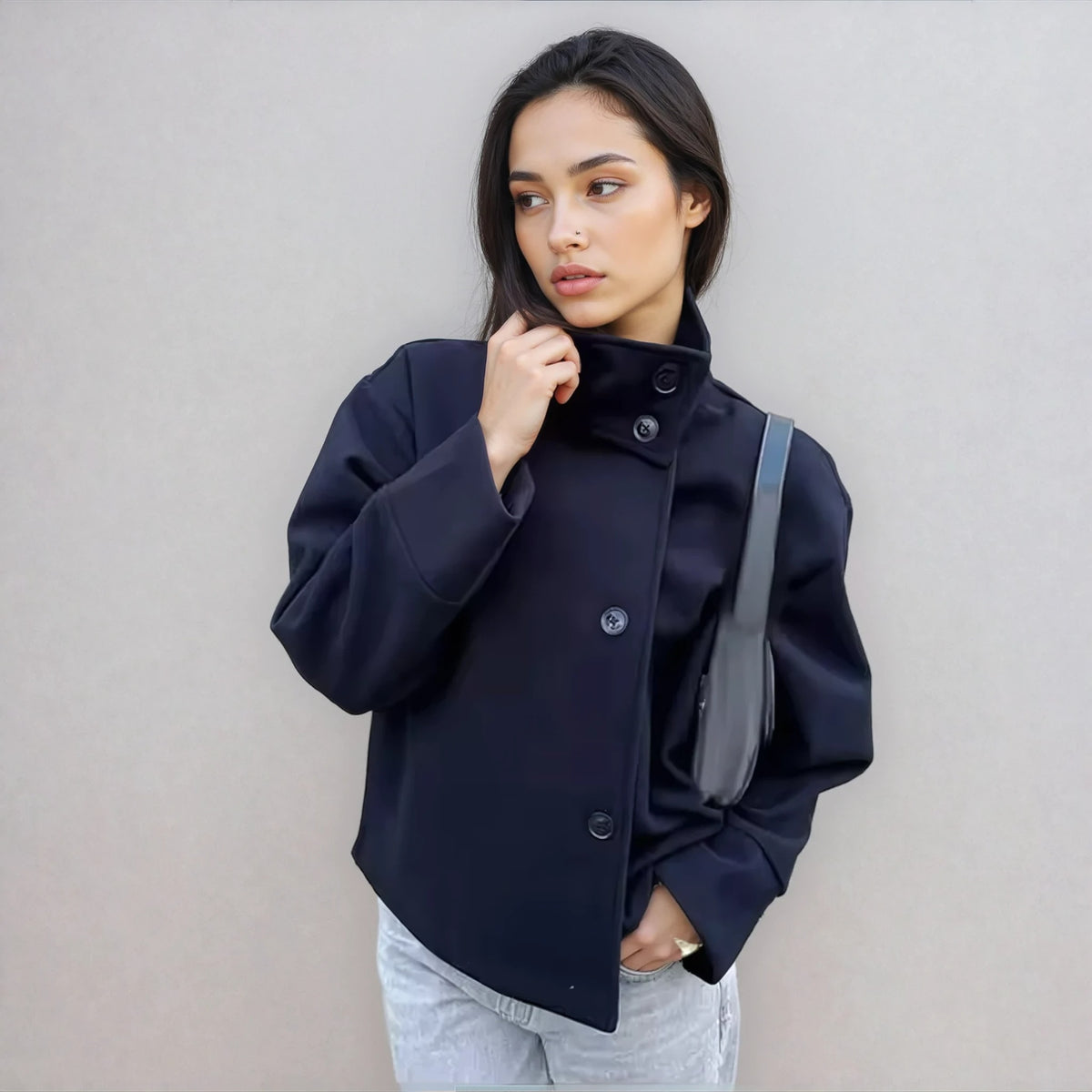 Women's Stand Collar Wool Pea Coat | Ophelia_5