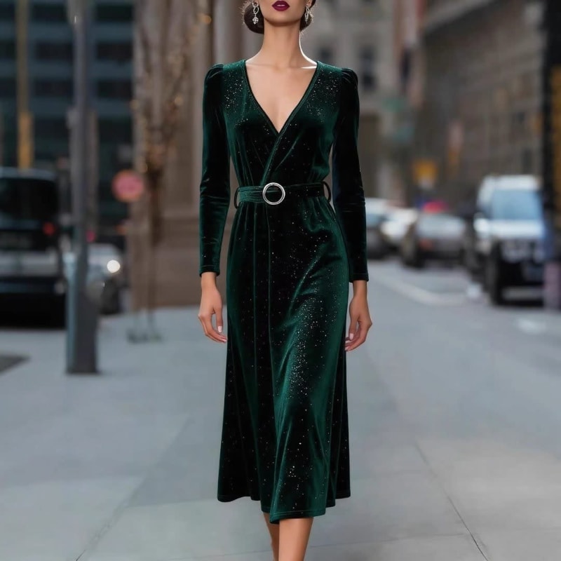 Women's Velvet Belted Midi Dress | Viola_1