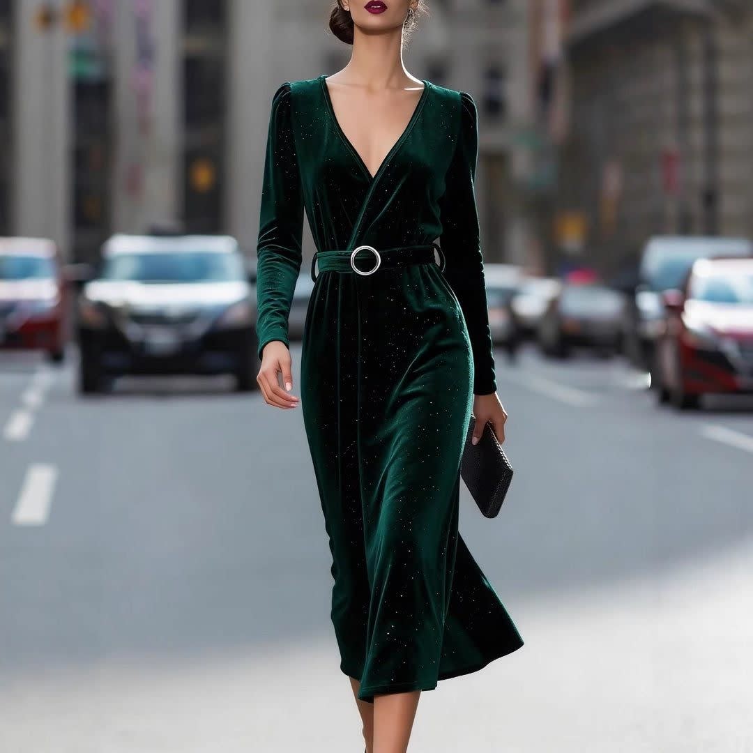 Women's Velvet Belted Midi Dress | Viola_2