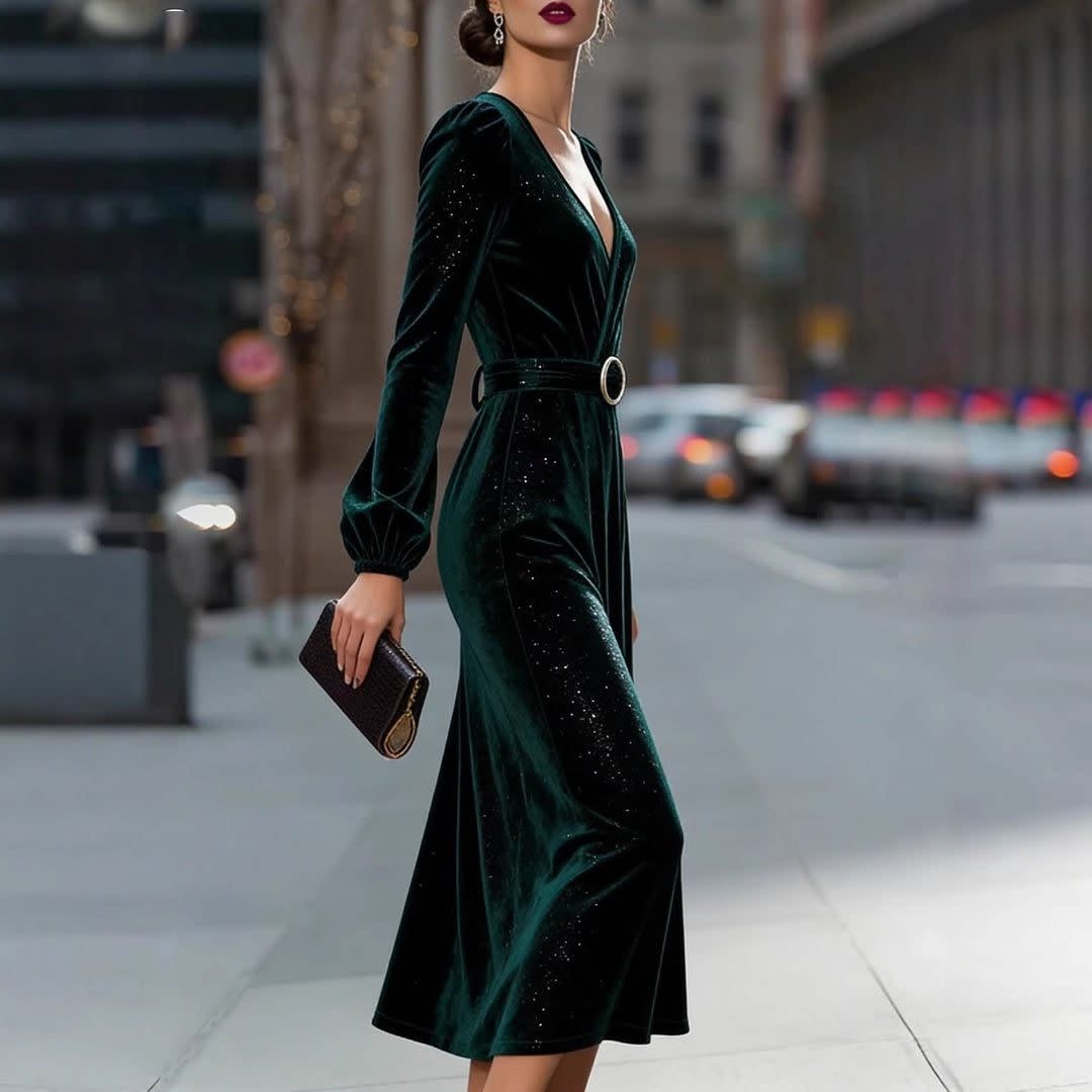 Women's Velvet Belted Midi Dress | Viola_3