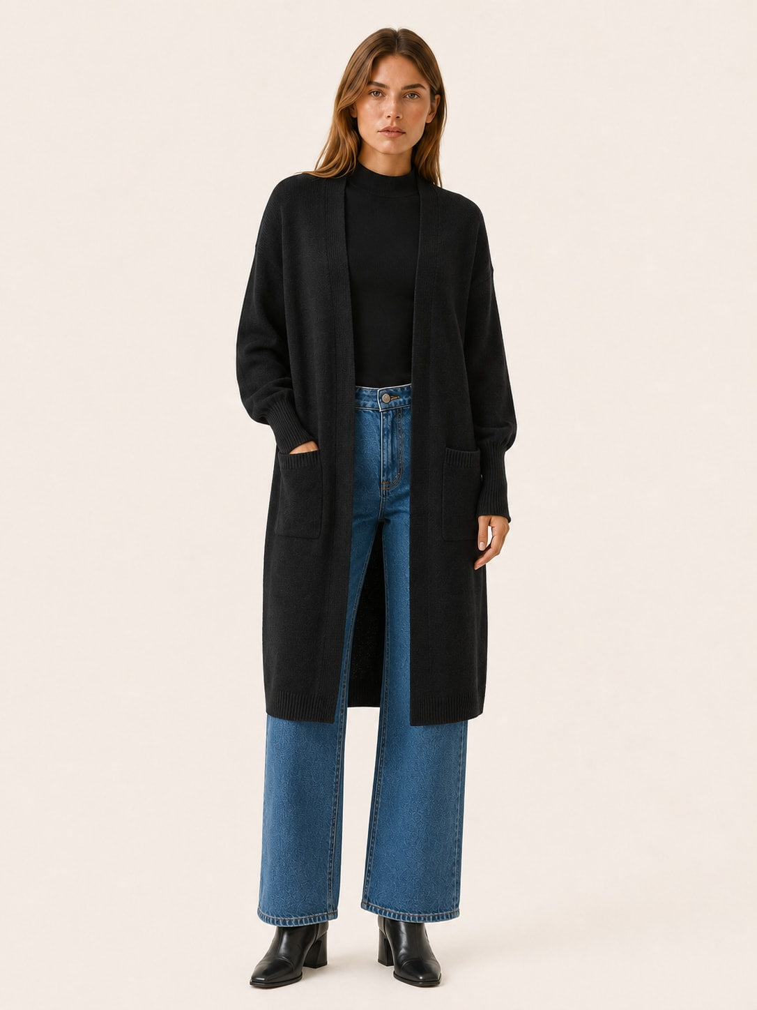Women's Longline Knit Cardigan with Balloon Sleeves and Pockets | Claire Porter_7