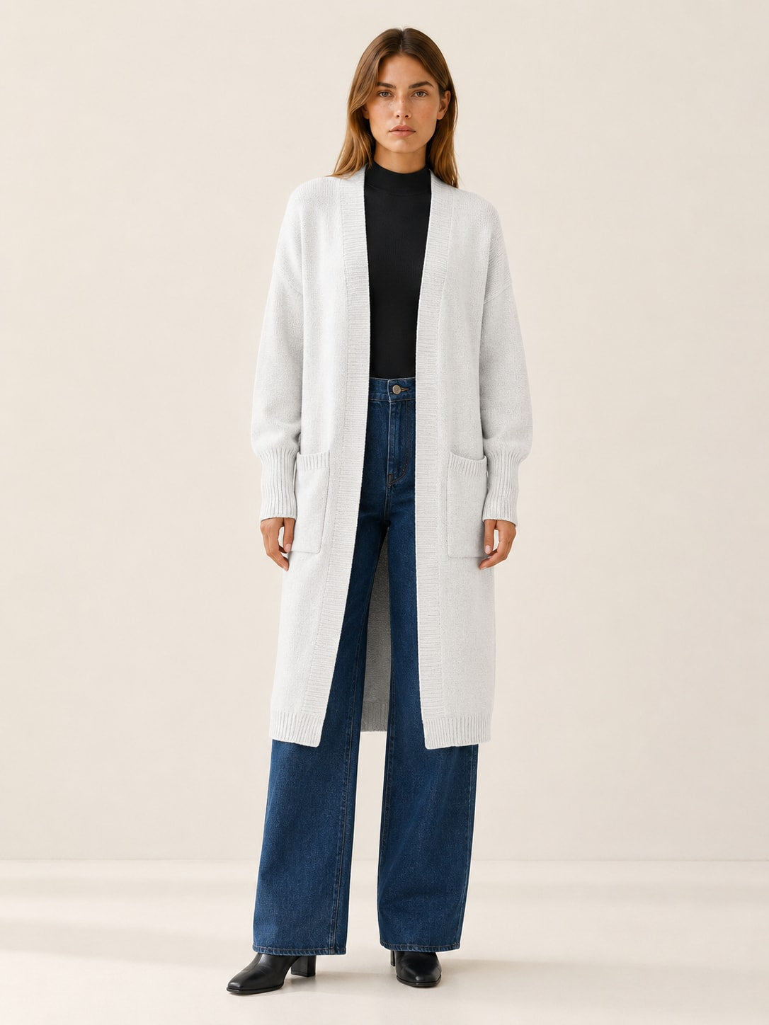 Women's Longline Knit Cardigan with Balloon Sleeves and Pockets | Claire Porter_8