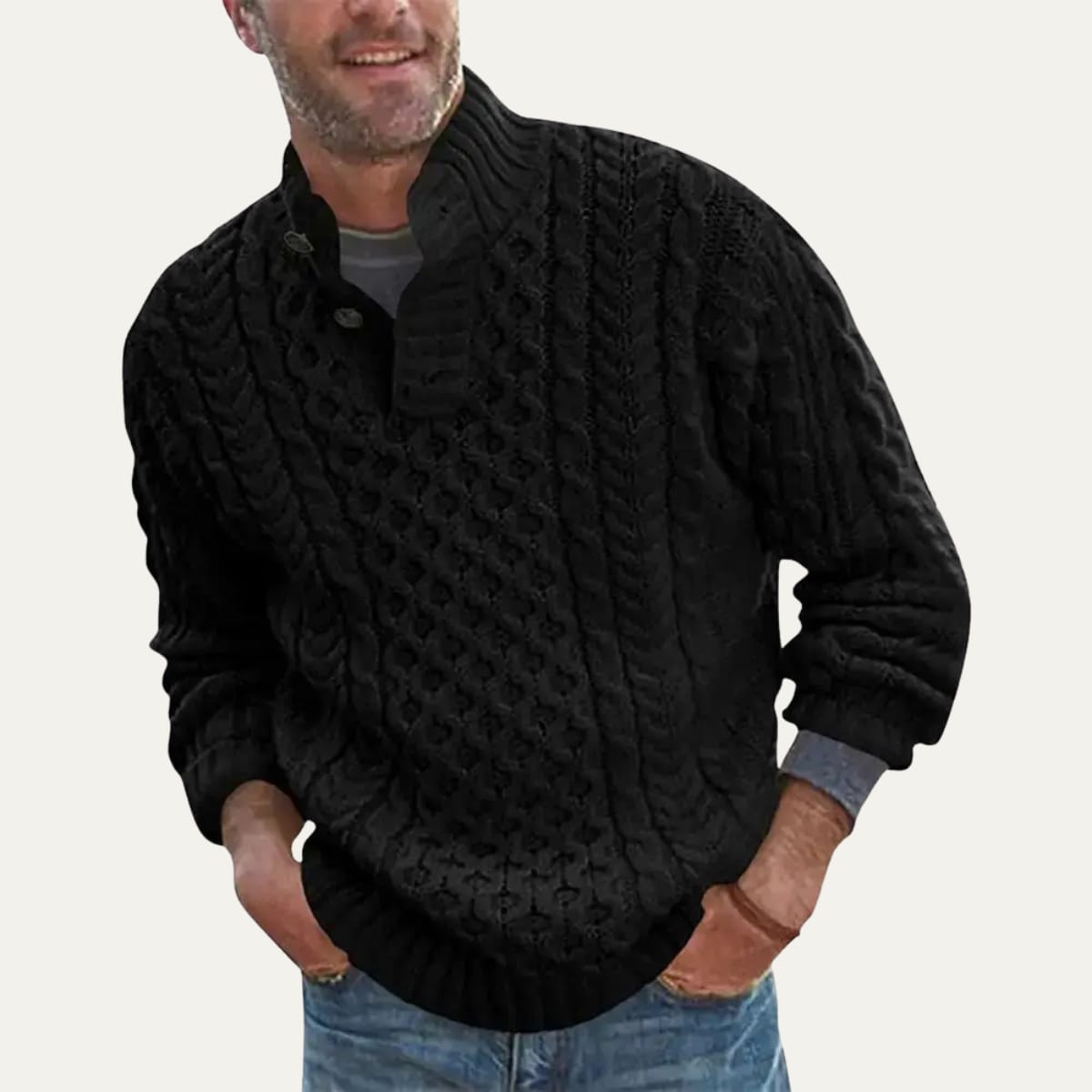 Men's Cable Knit Button Neck Jumper | Johnny_3