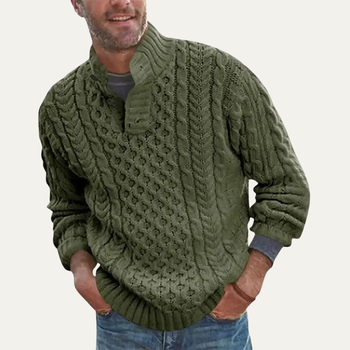 Men's Cable Knit Button Neck Jumper | Johnny_5