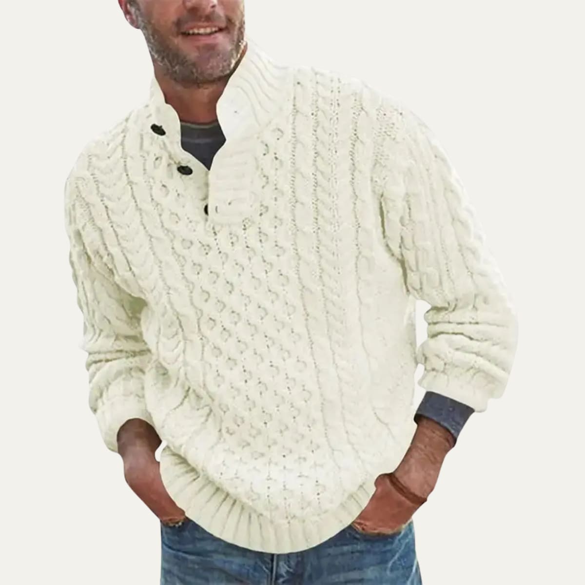 Men's Cable Knit Button Neck Jumper | Johnny_6