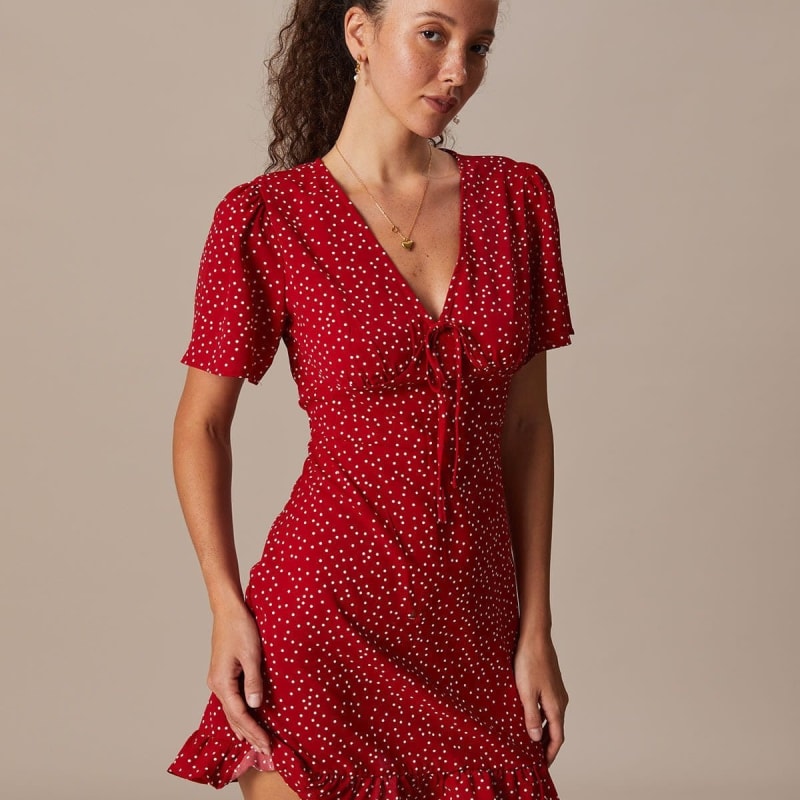 Women's Red V-Neck Ruffle Polka Dot Dress | Penelope_1