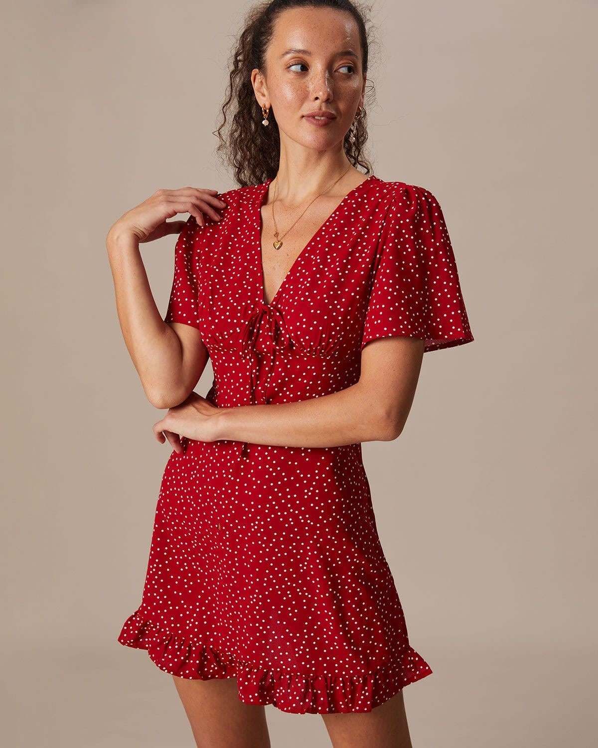 Women's Red V-Neck Ruffle Polka Dot Dress | Penelope_4