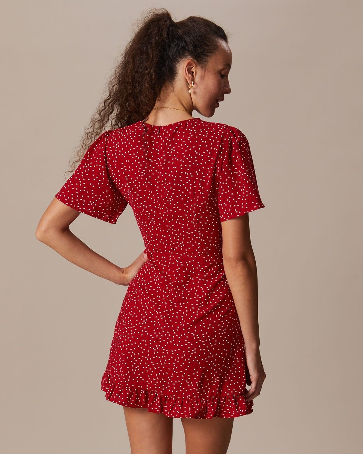 Women's Red V-Neck Ruffle Polka Dot Dress | Penelope_5