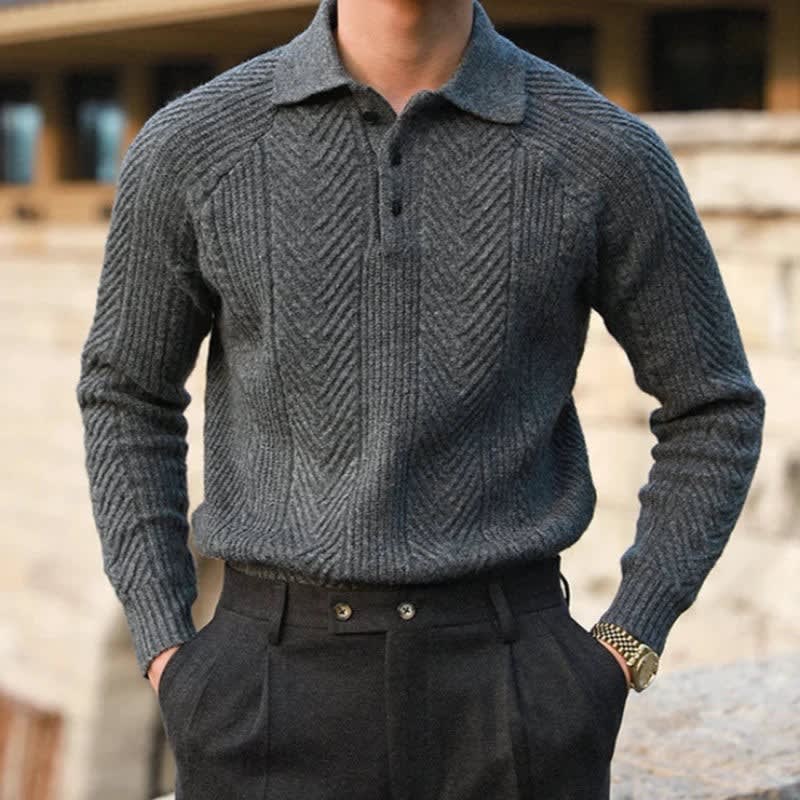 Men's Cable Knit Long Sleeve Polo | Hywel_1