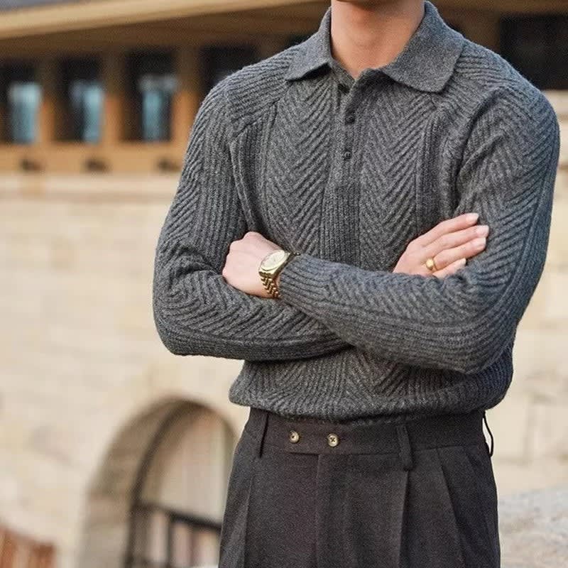 Men's Cable Knit Long Sleeve Polo | Hywel_3