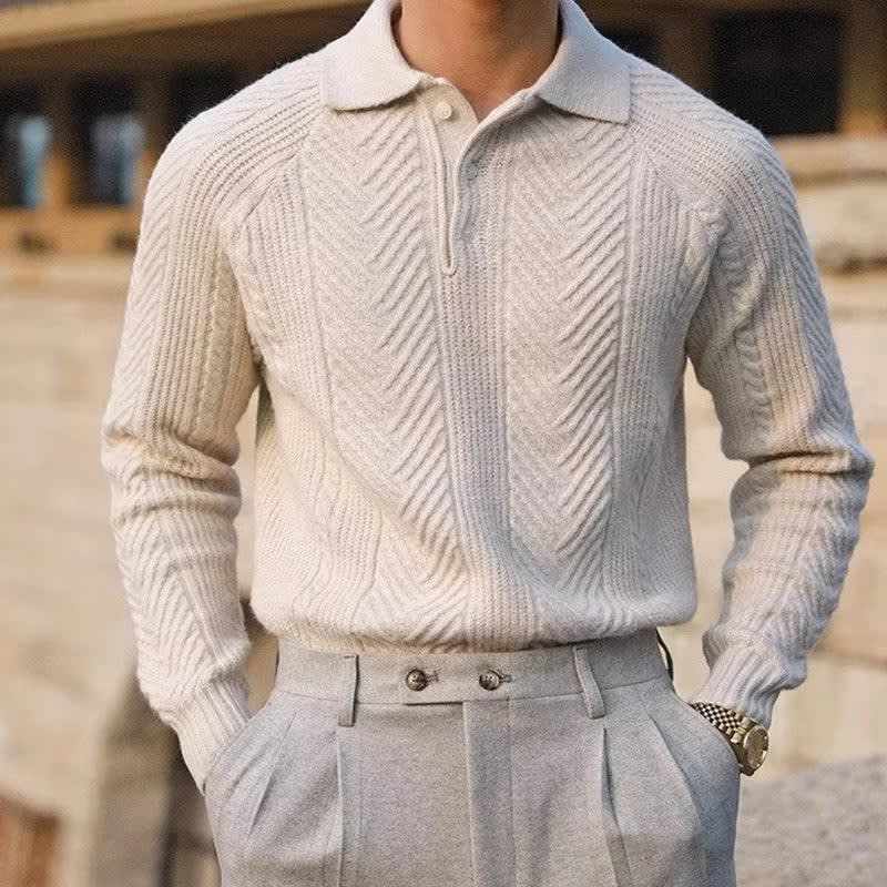 Men's Cable Knit Long Sleeve Polo | Hywel_4