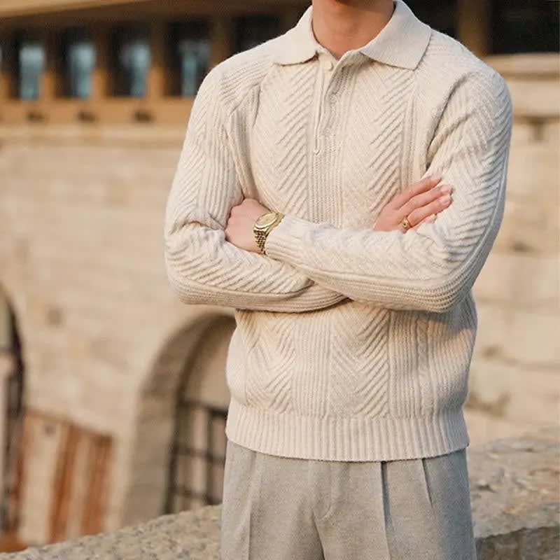 Men's Cable Knit Long Sleeve Polo | Hywel_5
