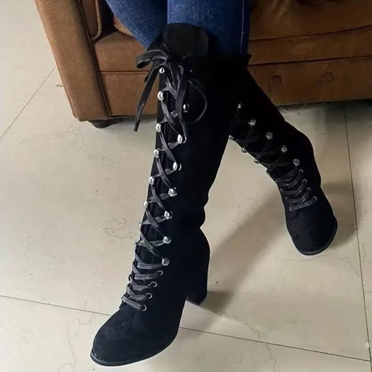 Women's Suede Lace Up Knee High Boots | Polly_11