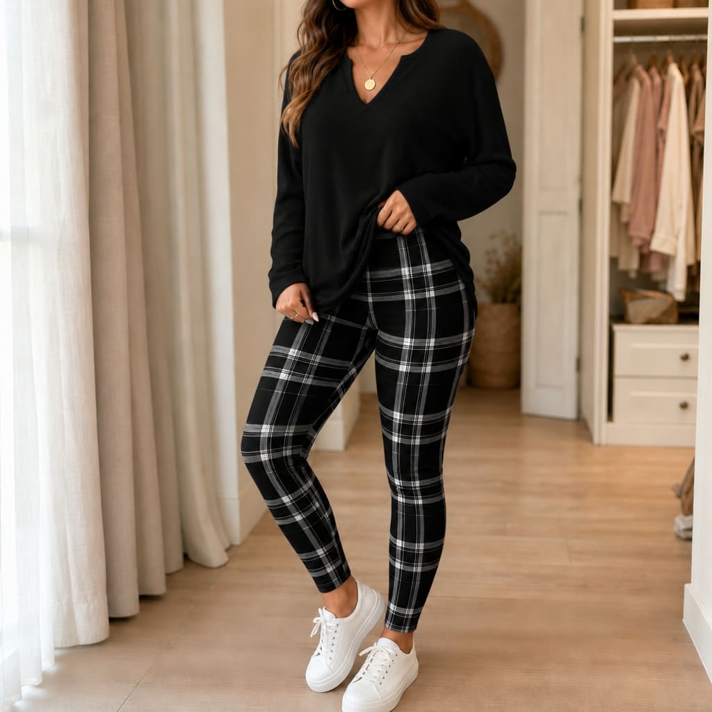 Women's V-Neck Knit Plaid Leggings Set | Lexi_10