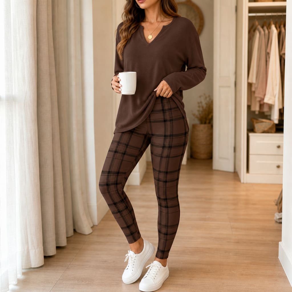 Women's V-Neck Knit Plaid Leggings Set | Lexi_11