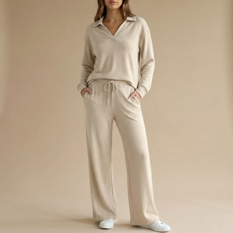 Women's V-Neck Collared Wide Leg Lounge Set | Sandra_1