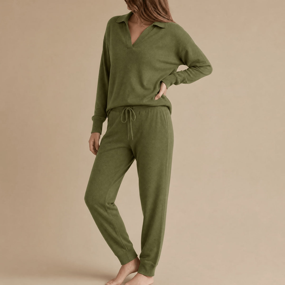 Women's V-Neck Collared Wide Leg Lounge Set | Sandra_12