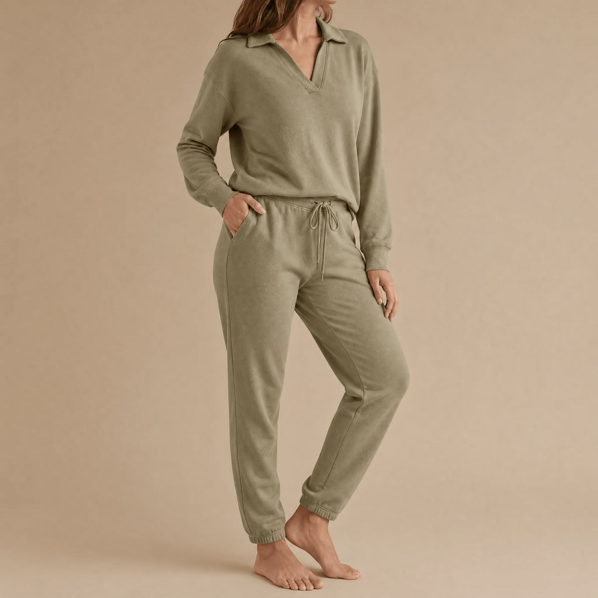 Women's V-Neck Collared Wide Leg Lounge Set | Sandra_13
