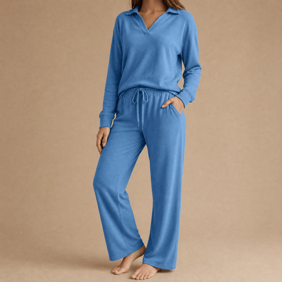 Women's V-Neck Collared Wide Leg Lounge Set | Sandra_14