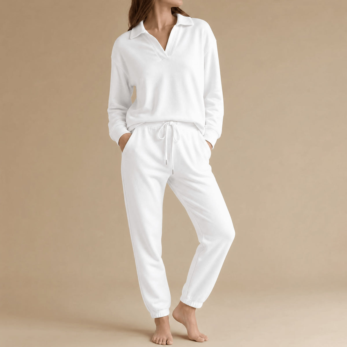 Women's V-Neck Collared Wide Leg Lounge Set | Sandra_15