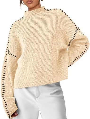Women's Oversized Whipstitch Mock Neck Jumper | Nadia_12