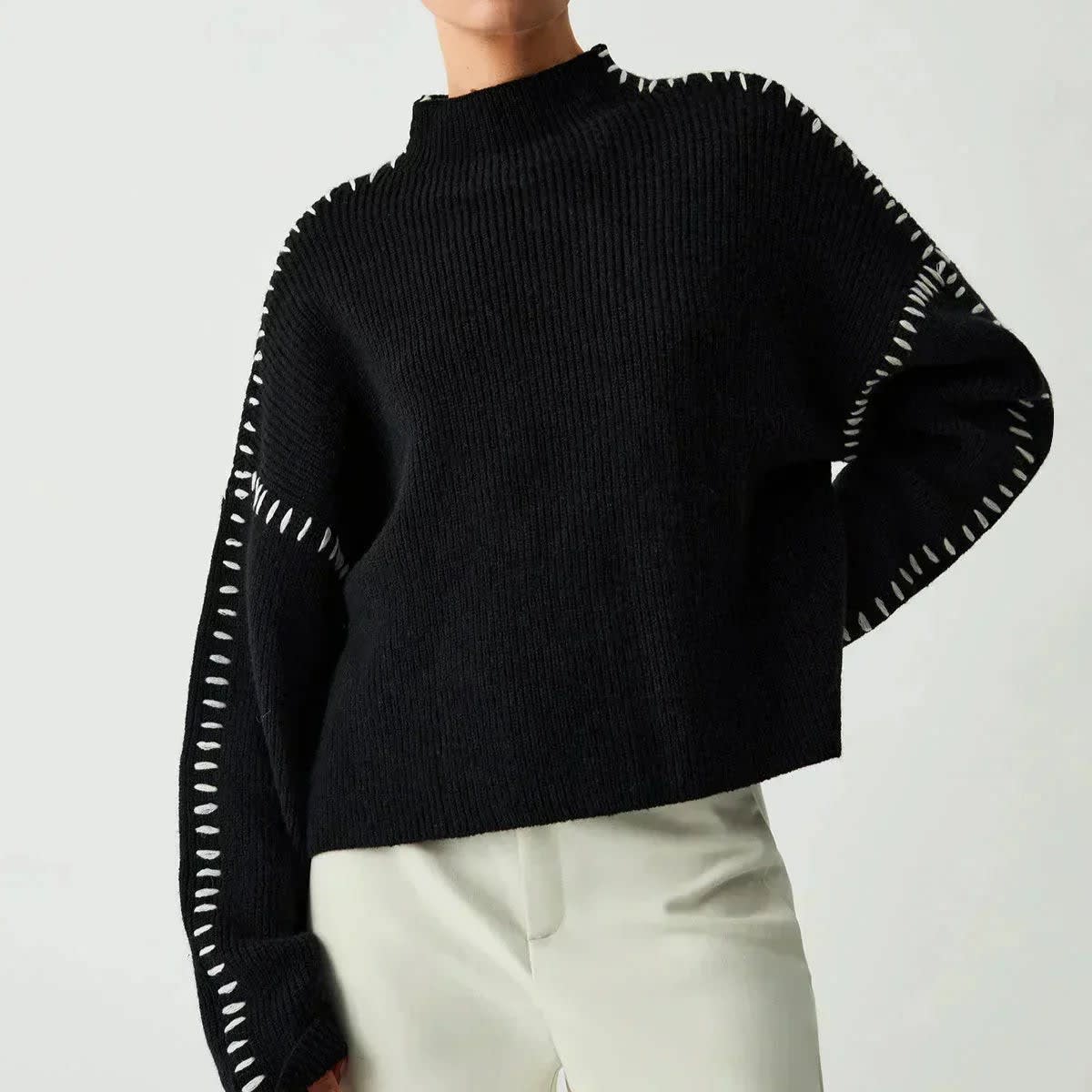 Women's Oversized Whipstitch Mock Neck Jumper | Nadia_2
