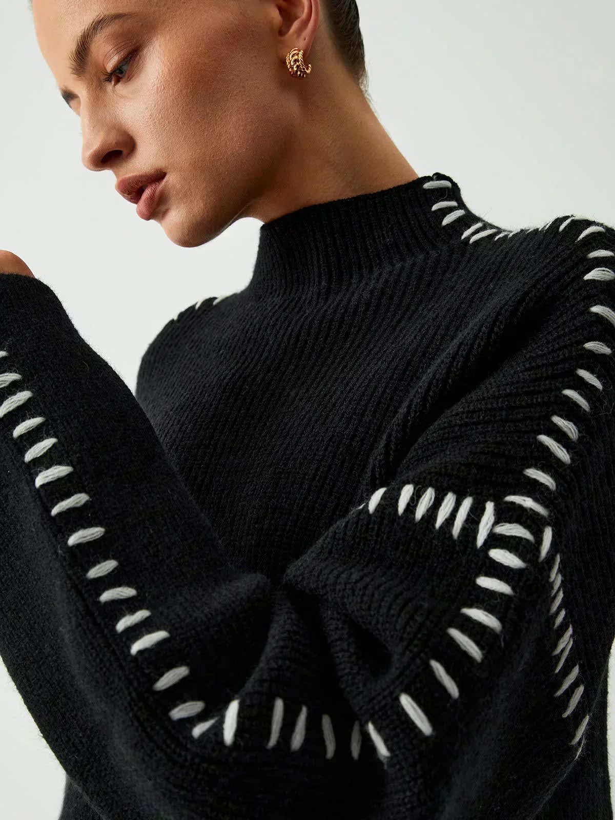 Women's Oversized Whipstitch Mock Neck Jumper | Nadia_5