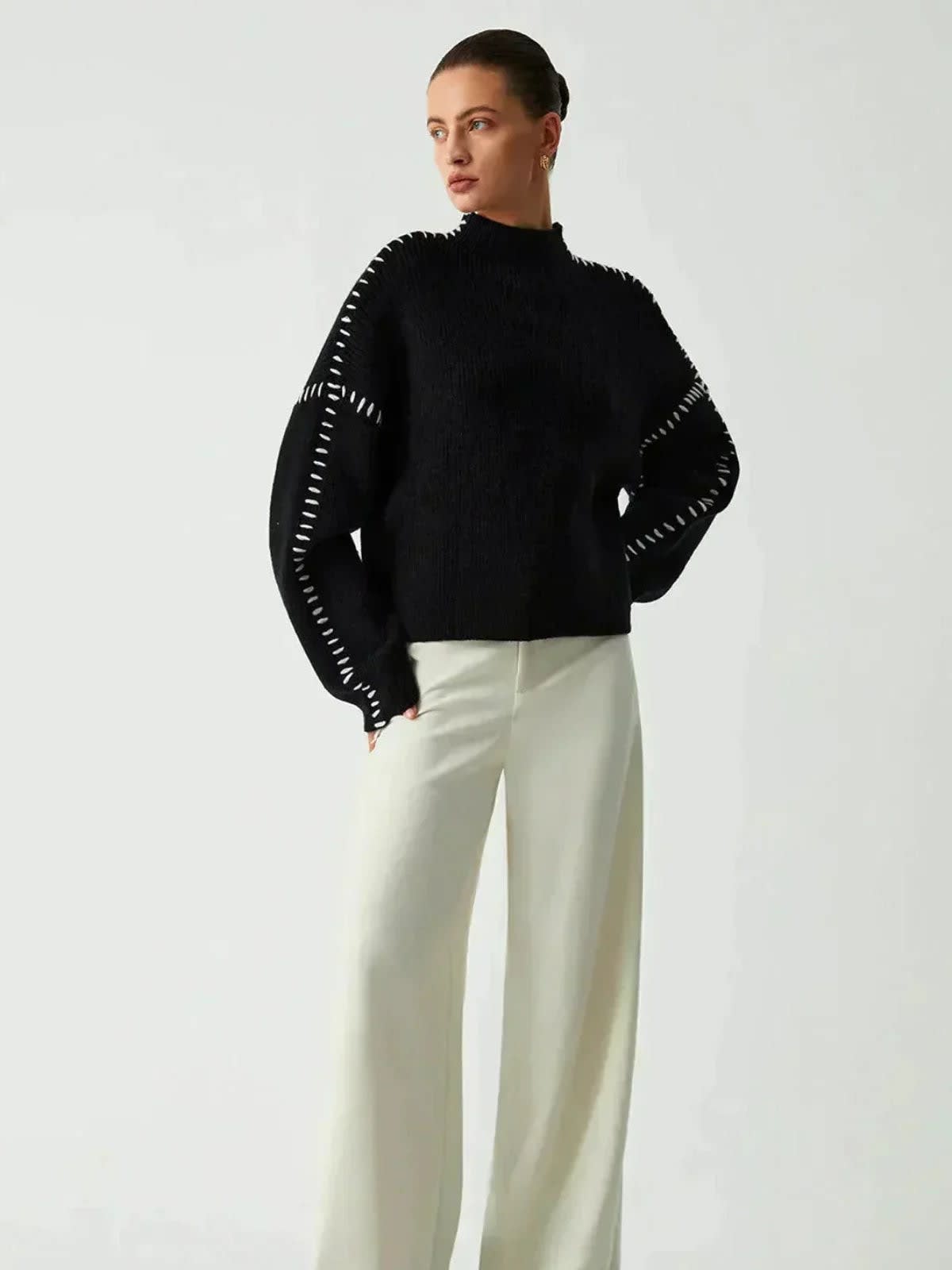 Women's Oversized Whipstitch Mock Neck Jumper | Nadia_7
