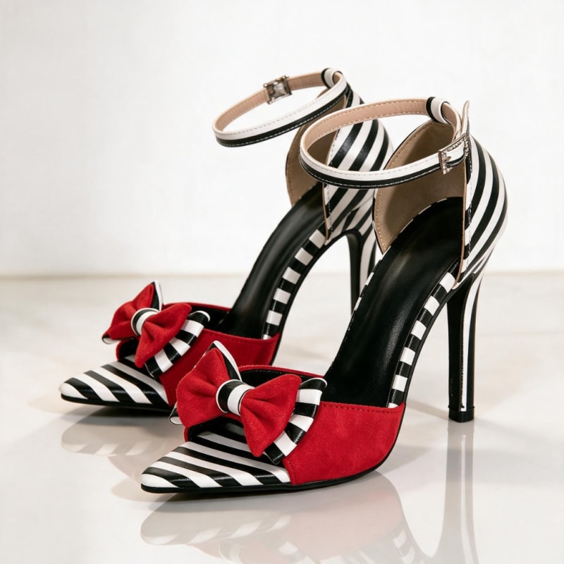 Women's Striped Bow Pointed Heels | Grania_1