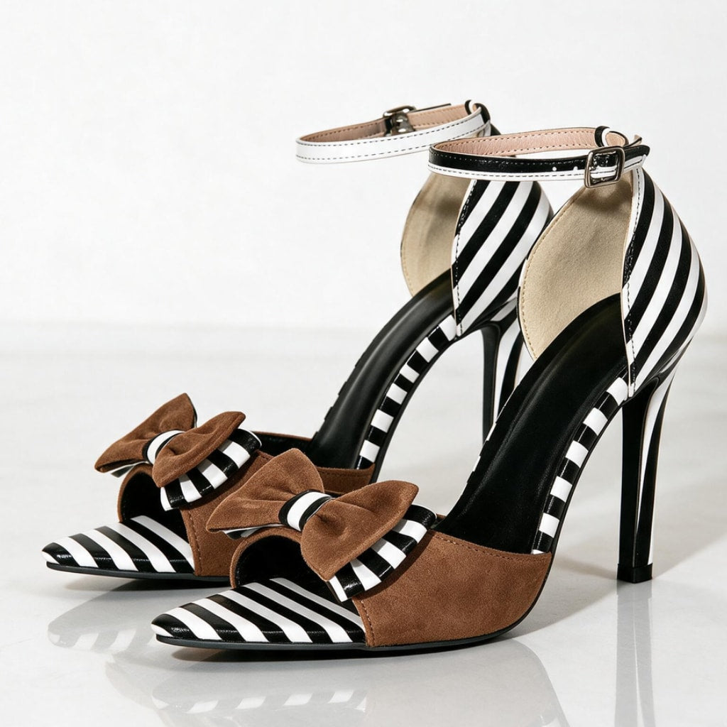 Women's Striped Bow Pointed Heels | Grania_3